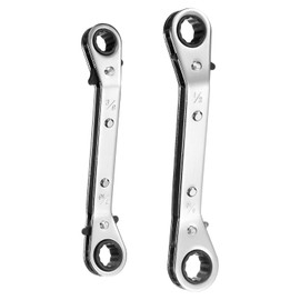 HARFINGTON 2pcs HVAC Service Wrench Set 3/8" x 7/16" 1/2" x 9/16" 25 Degrees SAE Double Head 16-Teeth Air Conditioner Valve Reversible Ratchet Wrench for Refrigeration Equipment Repair