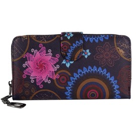 Purse with Ethnic Flowers and Blossom Pattern, Vintage Design, Purse, Women, Ladies with Zip and Press Stud and Many Compartments, Colour: White - Black - Red, Black red blue, classic wallet