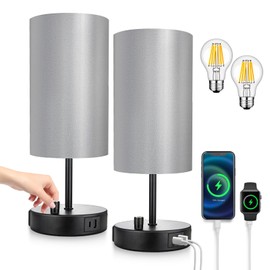 LTBLIGHT Set of 2 Table Lamps with USB A+C Charging Ports & AC Outlet, Fully Dimmable Bedroom Nightstand Lights Round, Modern Black LED Desk Lamp for Home Office (800LM Edison Bulbs Included)