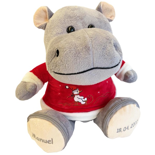 Plush Hippo Hippo with Christmas Jumper Embroidered, Cuddly Stuffed Toy