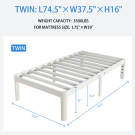 KZZLOL White Twin Size Bed Frames 16 Inch, Metal Platform Twin Bed Frame No Box Spring Needed, Heavy Duty Steel Support 3500 LBS, DIY Headboard, Round Legs, Noiseless, Storage Space, Easy Assembly