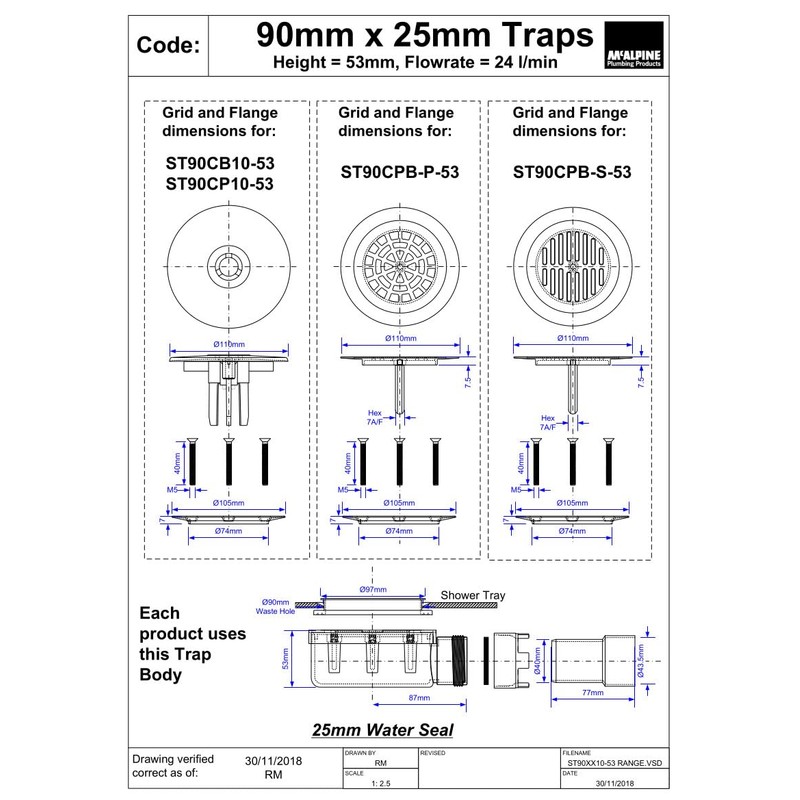 90mm x 25mm Water Seal Slim Shower Trap with 11/2"