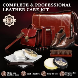 Shoe Shine Kit, Mens Gifts Ideas - 15PCS Shoe Polish Kit with Saddle Soap, Mink Oil, 3 Shoe Polishes, 3 Shoe Brushes and more, All-inclusive Leather Care Kit for Leather Shoe Boot Cleaning and Care