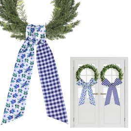 Blue Wreath Sash for Front Door - 2 Pcs Blueberry Wreath Sashes with Leaves for Summer Party Farmhouse, 60 Inch Buffalo Check Sashes for Wreaths DIY Bow Window Wall Home Decor