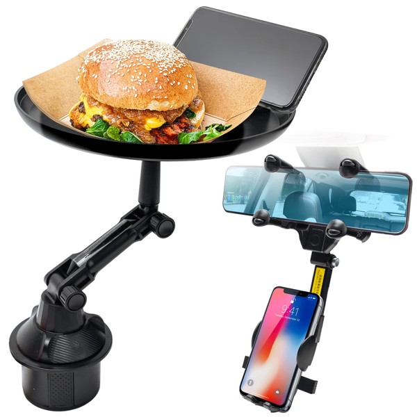 Car Cup Holder Expander Bundle with Rear View Mirror Phone Holder - Extended Cup Holder Eating Table Insert for Food, Snack, Sauce - Expandable Extra Truck Attachable Adapter Side Extender for Vehicle