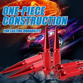 JiiinMiiin M10x1.25 Long Steel Spike Lug Nuts, Thread Pitch 10x1.25, Set of 16 ATV Wheel Nuts with A Socket. [Red]