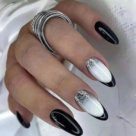 Ceboic 24 Pcs French False Nails, Almond Press on Nails Medium Length Glossy Black White Fake Nail with Glue Stickers, Shiny Acrylic Stick on Nail Tips for Women Girls Nails Art Decorations