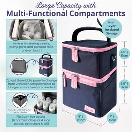 LUXUROO Cool Insulated Breast Milk Cooler Bag with Dual Sections, Non-Toxic, for Day Care Bottles and Pumping Working Traveling Moms to Keep Breast Milk Cold and Fresh On The Go (Navy/Light Pink)
