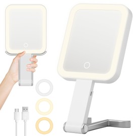 Fshyos Travel Makeup Mirror with Lights 10X/1X Double-Sided Magnifying LED Beauty Mirror Rechargeable Portable Vanity Mirror with 3 Color Lighting Smart Touch Dimming Desktop Handheld Hanging