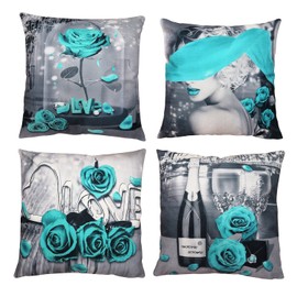 WINTAM Flower Throw Pillow Covers Black Teal Rose Text Love Wine Heart Necklace Decorative Square Pillowcases 18x18 Set of 4 for Sofa Bedroom Living Room Decor Gift (Teal )
