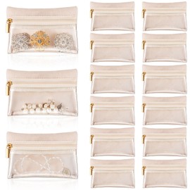 Uiifan 12 Pcs Travel Jewelry Bag Flannel Jewelry Pouch Portable Jewelry Organizer for Jewelry Zipper Pocket, Beige and Clear