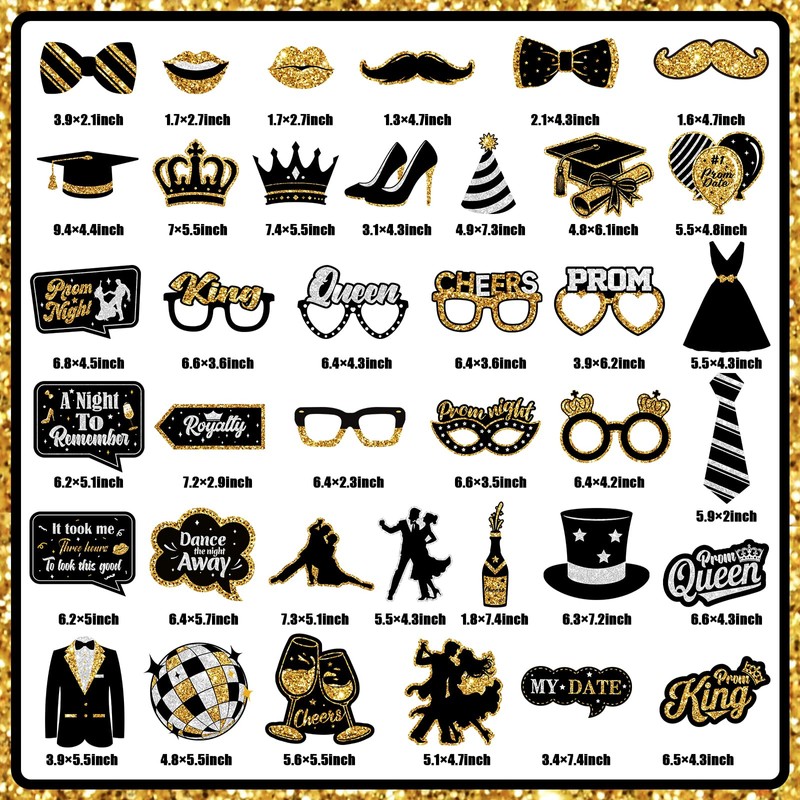 Prom Photo Booth Props, 39Pcs Black Gold and Silver Prom