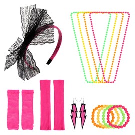 JasperKino 80s Fancy Dress Accessories Neon Necklace Bracelet Earrings Fishnet Gloves Leg warmers Headband