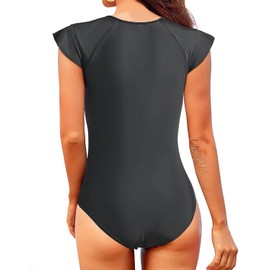 Tempt Me One Piece Swimsuits for Women Zip Front Rash Guard Short Sleeve Tummy Control Surfing Sport Bathing Suits, Black, X-Large