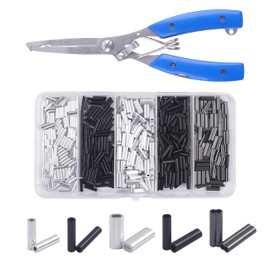 Fishing Crimping Pliers + 500pcs Fishing Crimp Sleeves Kit, Fishing Pliers Hook Remover with Aluminum Copper Single Double Barrel Crimping Loop Sleeve Set