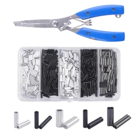Fishing Crimping Pliers + 500pcs Fishing Crimp Sleeves Kit, Fishing Pliers Hook Remover with Aluminum Copper Single Double Barrel Crimping Loop Sleeve Set