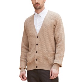 Kallspin Men's Cardigan Sweater Wool Blend V Neck Cable Knit Buttons Cardigan with Pockets(Coffee, X-Large)