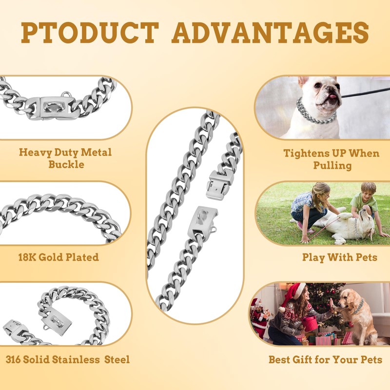 BAOBOTE 15MM Silver Stainless Steel Dog Collar with Cuban Link