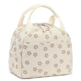 LEDAOU Insulated Lunch Box Women Reusable Lunch Bag Cord Lunch Tote Handbags Leakproof Thermal Cooler Lunch Case Large Capacity (Khaki Flower 95)