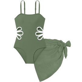 TALLWH Girl Swimsuit Bathing Suits Size 8-10 Adjustable Straps Cut Out One Piece Swimsuit with Solid Color Cover Up Skirt Girls' Swimwear