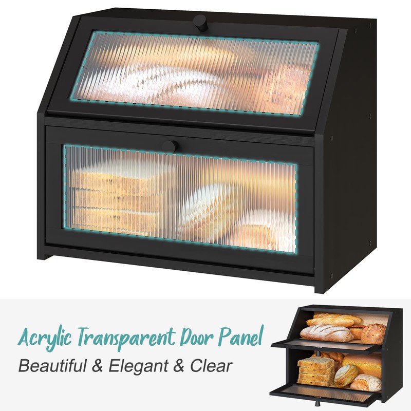 Vriccc Large Bread Box for Kitchen Counter, Double Layer Black