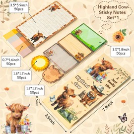 B1ykin Sticky Notes Set - Cartoon Theme Cute Self-Stick Notes Pad Teacher Appreciation Gifts， Self-Adhesive Writing Memo Pages Sticky to Do Notepad for Kids Employee School Office (Highland Cow)