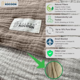 Golden Kocoon® - E-M-F Blanket- Organic Cotton Crepe with EcoMesh™ Tech Faraday Fabric Silver Liner Inside -Travel Size with Bag - 31x35 in (79x89cm)- 5 g, BT, Smart Meters & WiFi - Cocoon