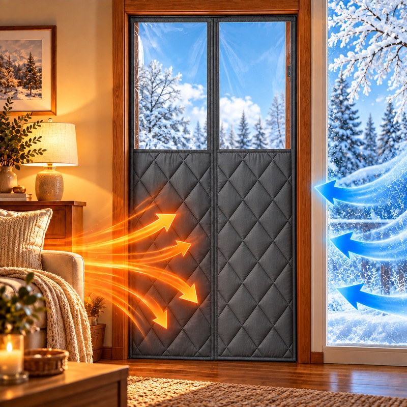Magnetic Thermal Insulated Door Curtain, Quilted Oxford Fabric Winter Door