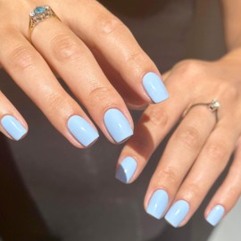 Sky Blue Press on Nails Short,KXAMELIE False Nails Short Square Nails Press ons,Acrylic Nails Glue on Nails Set,Stick on Nails for Women Fake Nails for Girls Daily Wear in 24PCS