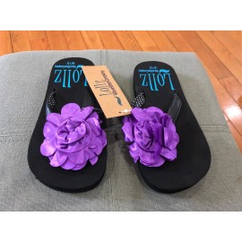 LOLLZ Girls Shoes Kids Waveware Flip Flops Arch Support Black Purple Flower SIZE 9/10