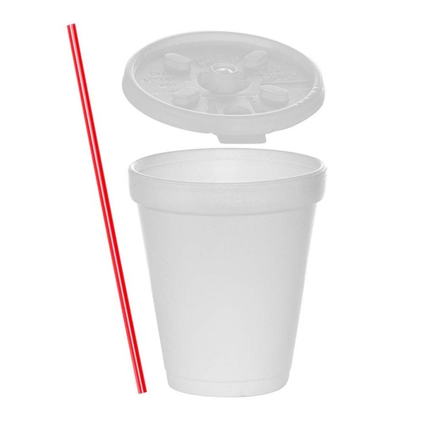 (100 Sets) 8 oz White Foam Cups with Lift'n'Lock Lids and Stirrers, Disposable Foam Drinking Cups, To Go Coffee Cups, Insulated Foam Cups