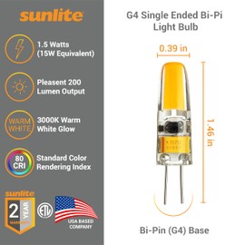 Sunlite LED G4 Single Ended Bi-Pin Light Bulb, 1.5 Watts (15W Equiv.), 200 Lumens, 3000K Warm White, 12V, 2-Pin (G4) Base, 360 Degree Beam Angle, Dimmable, RoHS Compliant, ETL Listed, Clear, 5 Pack