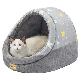 Jiupety Cat Beds for Indoor Cats, Cute Cat Cave Bed and Kitten Bed, Large Cat Cave and Covered Cat Bed with Anti-Slip Bottom, Washable Removable Cushion, M(16"x16"x13"), Gray Star.