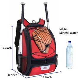 DAFISKY Youth Baseball Bag with Shoes Compartment - Baseball Backpack with Fence Hook for T-Ball & Softball Equipment & Gear, Holds Bat, Helmet, Glove(Red)