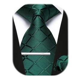 Enlision Men's Ties and Pocket Square Tie Clip Set Paisley Checked Tie Handkerchief Tie Pin for Men Business Wedding Tie Sets, A1-Green