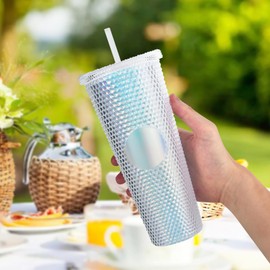 Joymaking Studded Tumbler with Straw and Lid, Double Walled Cold Cup, 24oz Studded Cup Plastic Cup Glitter Water Bottle Cups for Iced Coffee, Slush and Smoothies（Dazzling Color）