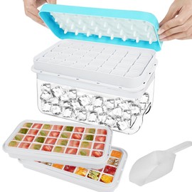 Joliyoou Ice Cube Tray with Lid & Bin, Ice Cube Maker Mold for Freezer with Container Mini Circle Ice Cube Tray Making 64 PCS Tea Coffee 2 Trays 1 ice Bucket & Scoop, Blue