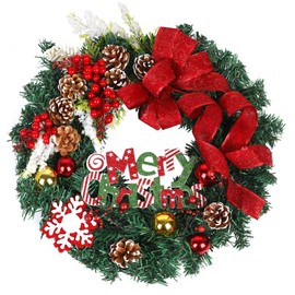 Merry Christmas Wreath for Front Door, Heflashor 17.5'' Xmas Wreath with Red Berries Wreath Wintry Pinecone Artificial Xmas Bell Snowflake Winter Wreaths Front Door Small Wreaths for Indoor Outdoor