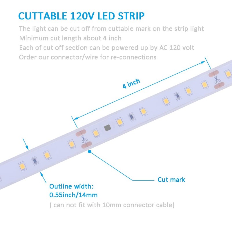120V Dimmable LED Strip Light 5000K Day White, Rope Dimming