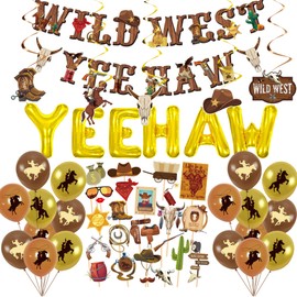 55PCS Western Party Decorations West Cowboy Party Banner Western Wild Theme Supplies Yee Haw Ceiling Streamers for Boys Birthday Western Baby Show Party Decorations