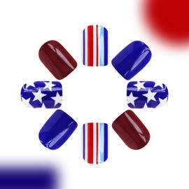 4th of July Press on Nails Short Square Fake Nails Blue Red White Stripes False Nails Independence Day Acrylic Nails with Star Design Full Cover Stick on Nails Patriotic Glue on Nails for Women Girls