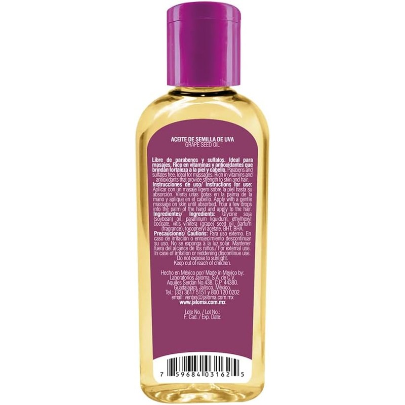 Jaloma Aceite de Semilla de Uva, para Piel y Cabello,