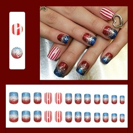 LBPEPAMZ 24Pcs Independent Day Fake Nails Short Square Press on Nails with White Red Line Design Colorful Glitter 4th of July Acrylic False Nails Glue on Nails for Women Patriotic Manicure Decor