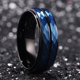 King Will Hammer 8mm Blue Hammered Tungsten Carbide Ring Black Two Tone Wedding Band Groove Step Edge7
