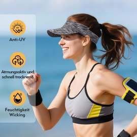 Figarge Unisex Sports Visor Cap, UV Protection, Sun Visor, Breathable & Quick-Drying, with Sweatband for Running, Golf, Tennis, Hiking, Foldable & Elastic (Grey)