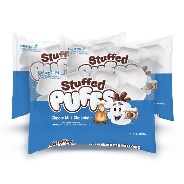 Stuffed Puffs - Classic Milk Chocolate 3 Pack, Chocolate Filled Marshmallows Made with Real Chocolate, Perfect for S'mores, 3 Bags (8.6oz each)