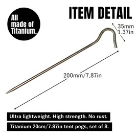 TITAN MANIA Titanium Tent Stakes 8 Pack, Tent Pegs, Ultra Lightweight, Sturdy, Outdoor Gear, Camping Equipment, 7.87 inch 20 cm