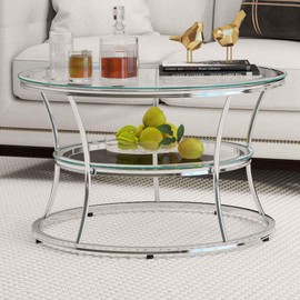 O&K FURNITURE Glass Coffee Table, 2 Tier Coffee Table with Shelf, Modern Coffee Table with Tempered Glass, Silver Coffee Tables for Living Room, Home&Office, Chrome Finish, 1 PC