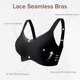 LetsJoli Lace V Seamless Bras for Women No Underwire Bralettes Push Up Wireless Supportive Full Coverage Everyday Bras Black
