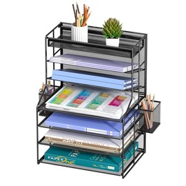 Organizador de archivos de escritorio de 7 niveles, bandeja de metal negro con cajón extraíble, soporte extraíble para bolígrafos y canasta colgante, 